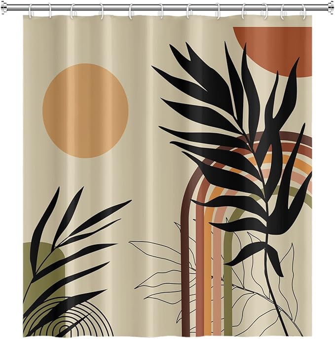 Abstract Mid Century Bohemian Bathroom Shower Curtain Eucalyptus Leaves Colorful Arch Sun Shower Curtain with Hooks Waterproof Fabric Polyester Shower Curtain Art Home Decor, 60x72 Inch