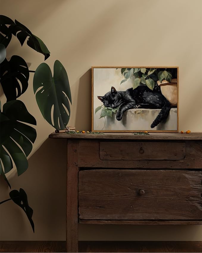 ARPEOTCY Vintage Framed Canvas Wall Art, Sleeping Black Cat Framed Wall Art for Living Room Bedroom Office, Vintage Rustic Animal Art Prints for Bathroom Decor(12x16 Inch)
