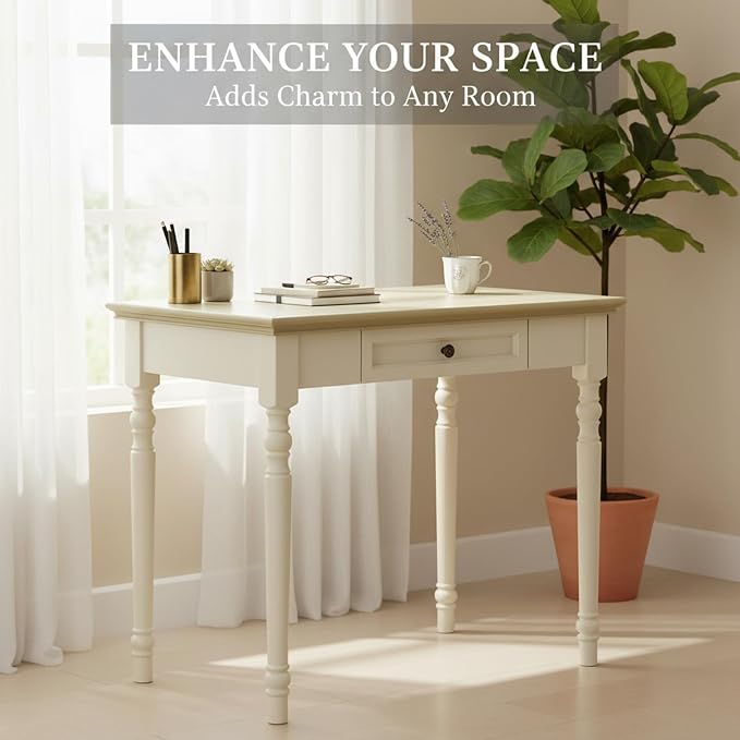 ADORZ Writing Desk with Drawers, 35 Inch French Country Desk Solid Wood Writing Desk for Home Office, Study Workspace or Bedroom (Off-White, 35 inches)