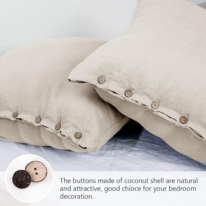 Simple&Opulence 100% Linen Euro Shams with Coconut Button (26'' x 26'') - Pack of 2 - Washed Solid Color Natural Flax Soft Breathable - Linen