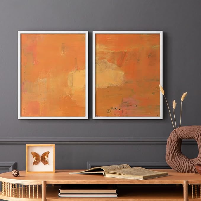 Renditions Gallery Set of 2 Peel & Stick Framed Prints, Abstract Wall Art, Rustic Fain Marking with Brush Strokes Wall Decor, Re-Stickable - Ready to Hang - 11"x14" - White Frame LT588