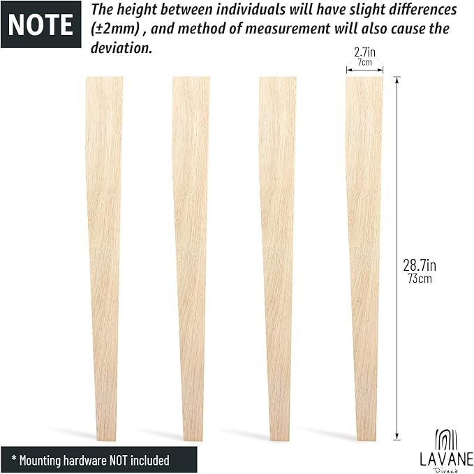 29 inch / 73cm Unfinished Wooden Dining Table Legs, LAVANE Set of 4 Classic Countryside Two-Side Tapered Solid Wood Replacement Feet for Bench Coffee Table Dining Table Chair Desk Kitchen Island