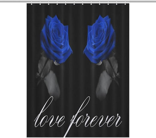 Blue Rose Flower Shower Curtain Vintage Valentine's Day Love Forever Rose Floral Modern Waterproof Shower Curtains for Bathroom Decor 12 Pack Hooks 55x72in（140x183cm）