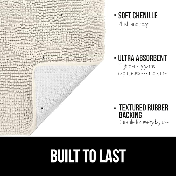 GORILLA GRIP Bath Rug Mat, Thick Soft Absorbent Chenille, Quick Dry Microfiber Mats, Rubber Backing Washable Shower Floor Rugs, US Designed Bathroom Bathmat Home Decor Accessories, 24x17, Ivory