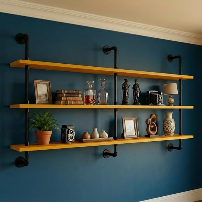 HDDFER Floating Shelves for Wall Bookshelf Industrial Pipe Shelving Shelves Natural Wood Planks Rustic Wall Shelves Hanging Bookshelves Farmhouse Kitchen Shelving 60 inch