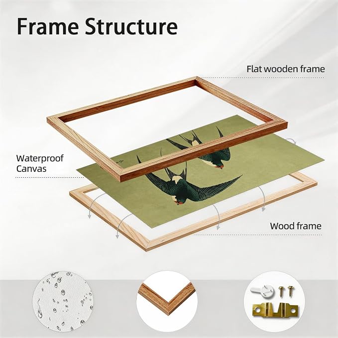 Framed Japanese Flying Swallow Wall Art Asian Japandi Bird Animal Poster Nature Vintage Green Canvas Prints for Living Room Bedroom Home Decor 16x24 inch
