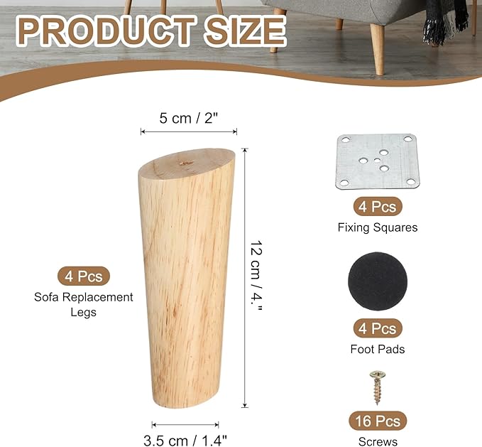 PATIKIL Wood Furniture Legs, 4Pcs 4.7" Tapered Replacement Sofa Leg for Chair Couch Bed Coffee Table Dresser, Wood Color
