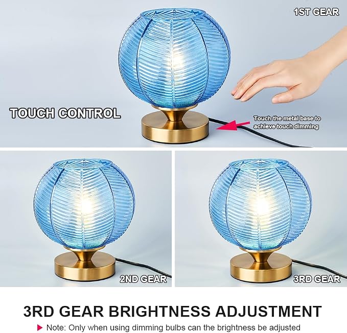 Mid-Century Modern Glass Table Lamp 3 Brightness Levels Dimmable Touch Control Desk Lights with Plug in Cord On/Off Switch, Globe Decor Nightstand Lamps for Bedroom Living Room Office (Blue)
