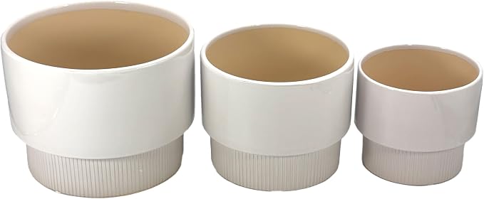 Galt International Set of 3 (8", 10", 12") Mid Century Modern Off White Flat Ribbed Ceramic Planter Pots Flower Pot Indoor House Plants Decor w/Drainage Hole & Plug