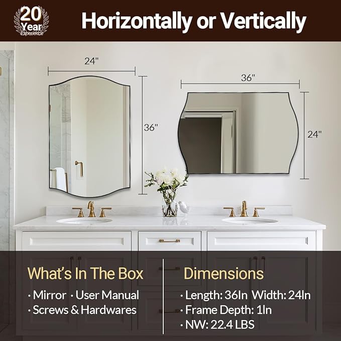 ANDY STAR 24"x36" Black Bathroom Mirror, Rectangle Scalloped Wall Mirror in Stainless Steel Metal Frame, Modern Matte Black Finish with Curved Edge Design, Wall-Mount Vertically or Horizontally