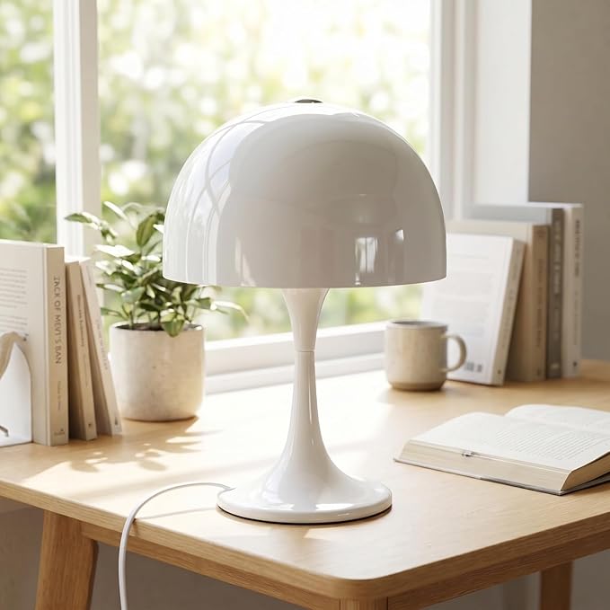 Modern Mushroom Table Lamp, Mid-Century Nightstand Lamp with Smooth Acrylic Shade & Metal Base, 3-G9 Socket Bedside Desk Lamp for Bedroom Living Room Office, Retro Decor Accent Light, Glossy White