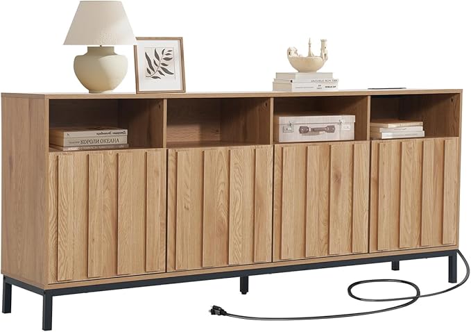 COCO DESIGN 70" Buffet Sideboard Cabinet with Fluted Panel Doors, Large Credenza Console with Power Outlet & Adjustable Shelves, Modern Storage Cabinet for Kitchen & Living Room, Oak