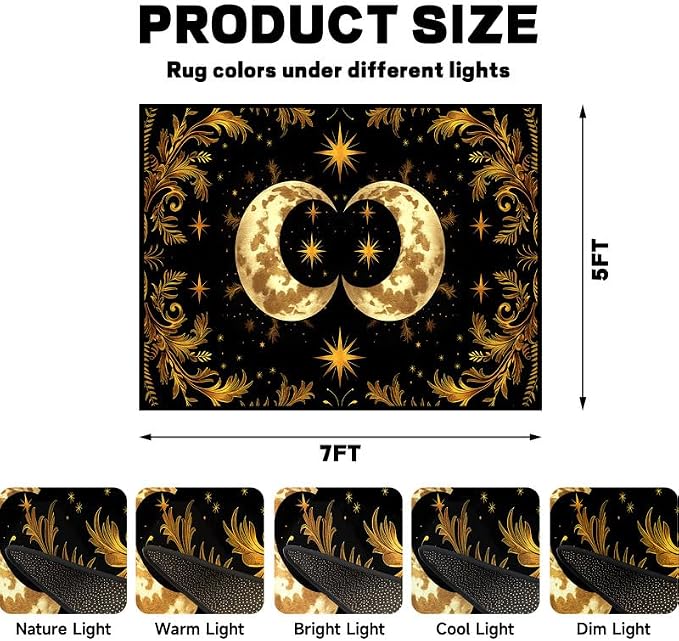 Sun Moon Star Area Rug 5'x7' Golden Boho Carpet Non-Slip Washable Low Pile Floor Mat for Bedroom Living Room Nursery Playroom Classroom Home Decor