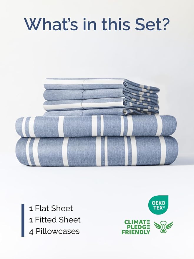 Extra Deep Full Sheet Set - 6 Piece Breathable and Cooling Sheets - Hotel Luxury Bedding for Women, Men, Kids & Teens - Easy & Secure Fit - Soft and Wrinkle Free - Extra Deep Pockets - Blue Stripes