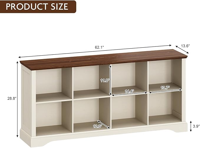 8 Cube Storage Organizer - 62" Long Farmhouse Wood Low Bookshelf, Horizontal Open Shelf Bookcase Cubby Storage Console Cabinet for Living Room, Entryway, Office, Antique White