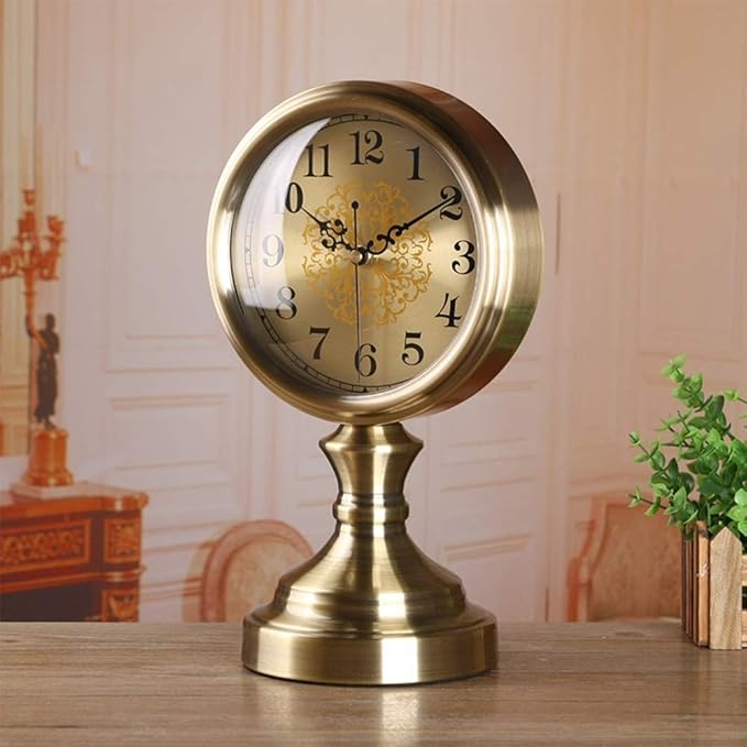 Retro Brass Desk Clock, Classic Metal Antique Clock, Silent Clockwork, Mantel Clock for Living Room, Fireplace, Office, Kitchen Mantel Clock-Metallic