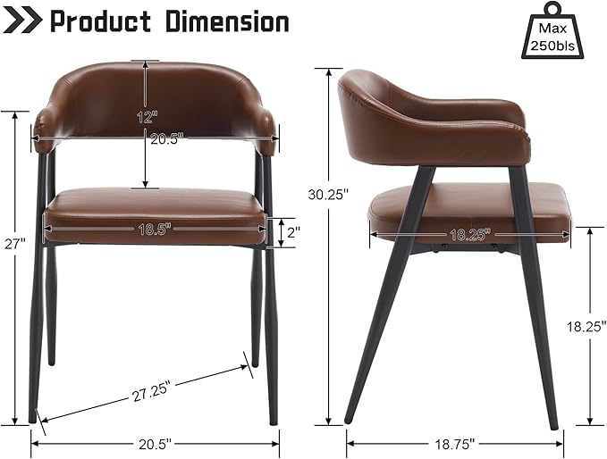 HNY Modern Dining Room Arm Chairs Set of 6, Retro Faux Leather Upholstered Barrel Dining Chairs with Arms Mid-Century Brown Accent Chair with Metal Legs, Open-Back Kitchen Side Chair for Living Room
