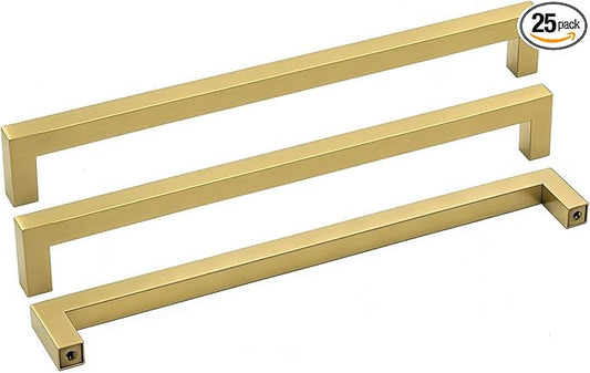 Goldenwarm Gold Cabinet Pulls Kitchen Cabinet Door Handle - LSJ12GD256 Brushed Brass Drawer Pulls 10 Inch Hole Centers Modern Square Cupboard Handles Hardware Dresser Knobs 25 Pack