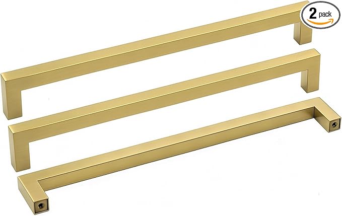 goldenwarm Gold Drawer Handles Square Cabinet Pulls - LSJ12GD256 Brushed Brass Furniture Pull Handles Stainless Steel Bathroom Hardware, 256mm Hole Centers, 2 Pack