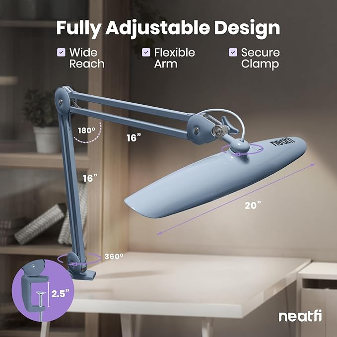 Neatfi XL Nail Desk Lamp with Clamp, 2200 Lumens, 20-Inch Wide Head, Dimmable 4 Levels, 6500K, LED Task Light for Manicure Table, Crafts, Workbench, Office (Non-CCT, Gray)