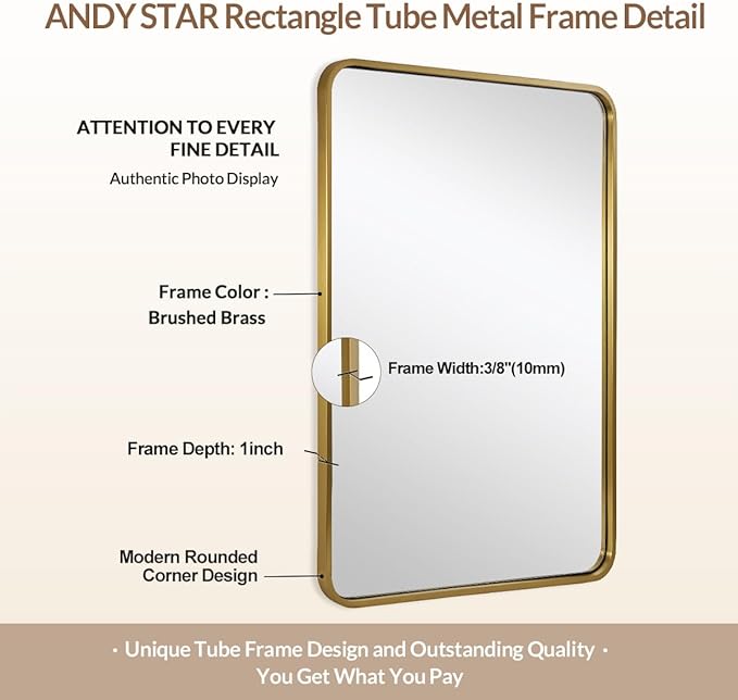 ANDY STAR 36x36 Inch Gold Bathroom Mirror, Brushed Gold Square Mirrors for Wall in Anti-Rust SUS304 Tube Metal Frame, Rounded Mirrors 1’’ Deep Wall Mounted Vertically/Horizontal