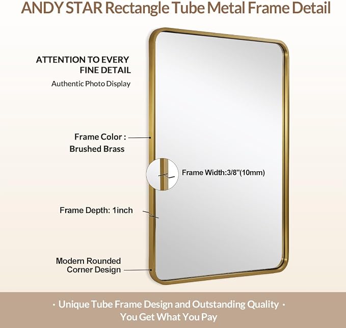 ANDY STAR 24x40 Inch Gold Bathroom Mirror, Rounded Rectangle Mirror, Brushed Brass Bathroom Vanity Mirror Oblong Tube Metal Framed, SUS304-Anti-Rust, Wall-Mounted Horizontal/Vertical 1’’ Deep