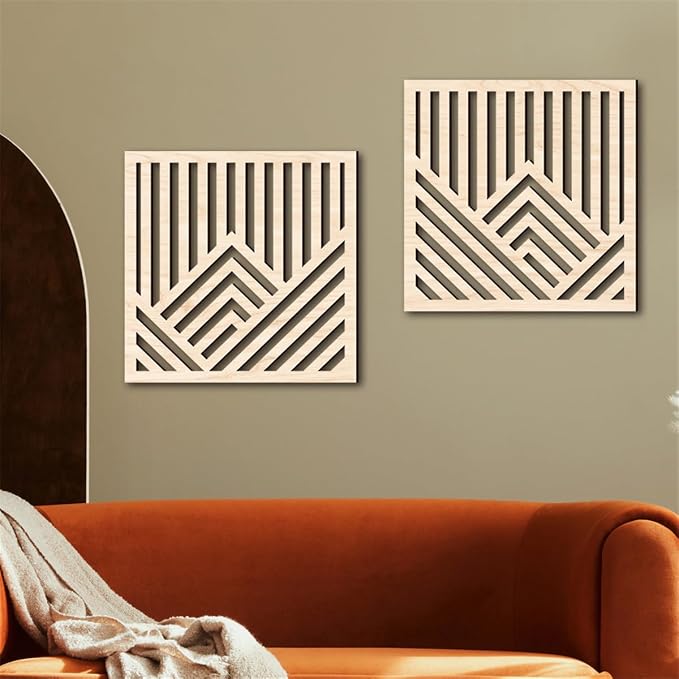 Geometric Mountain Wood Wall Art Decor, 2 Pcs Modern Mountain Wall Sculptures Wooden Square Hanging Abstract Panels, 3D Square Hollow Wood Art Wall Decor for Home Office Living Room Bedroom (Beige)