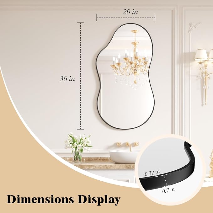 WEER Irregular Wall Mirror, 20x36 inch Black Asymmetrical Mirror Wall Mounted Mirrors Decorative, Abstract Wavy Aluminum Alloy Frame Bathroom Mirror, Bedroom, Living Room, Entryway