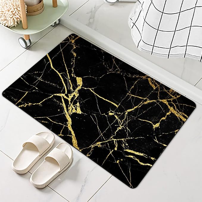 Diatomaceous Earth Bath Mat,Black Gold Marble Non-Slip Volume Super Absorbent Fast Drying for Bathroom Kitchen Door mat,Eco-Friendly Easy to Clean 20×31Inch(50 * 80cm)