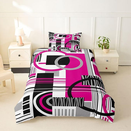 Art Deco Mid Century Duvet Cover Set Retro Modern Abstract Geometric Girl Toddler Bedding Set for Preteen Boys Girls Black and White Hot Pink Circles Stripes Comforter Cover Contemporary Bed Sets