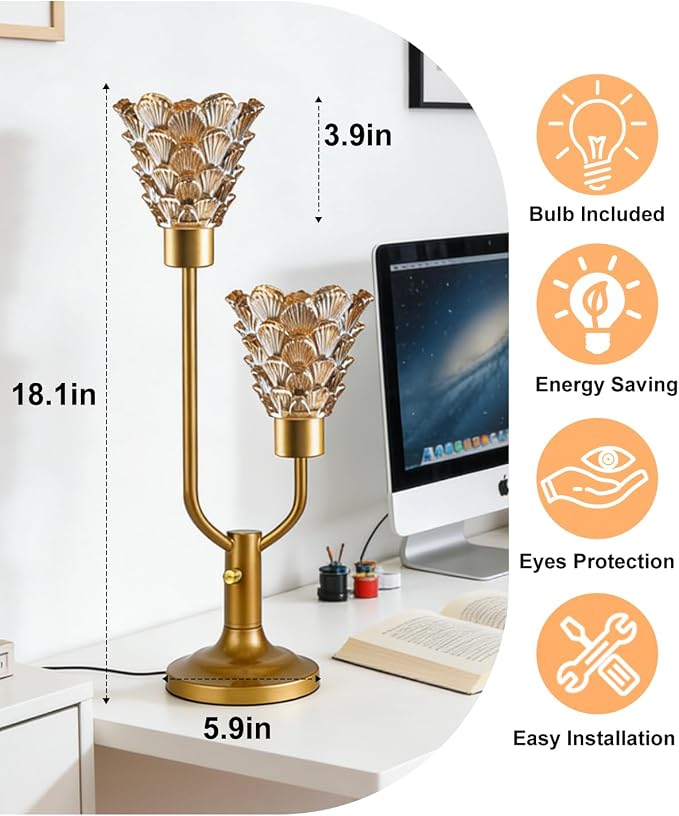 Lightdot Vintage Gold Table Lamp for Bedroom Dimmable Mid Century Modern Desk Lamp Amber Glass Nightstand Lamp 2 Bulbs Included Warmwhite Ambient Bedside Lamps for Living Room Home Office Decor Gift