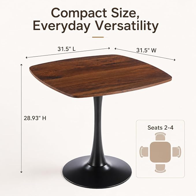 31.5" Square Dining Table, Modern Mid-Century Walnut Wood Grain Kitchen Table for 2-4, Black Metal Pedestal Base Small Space Dining Table for Apartment, Café, Breakfast Nook