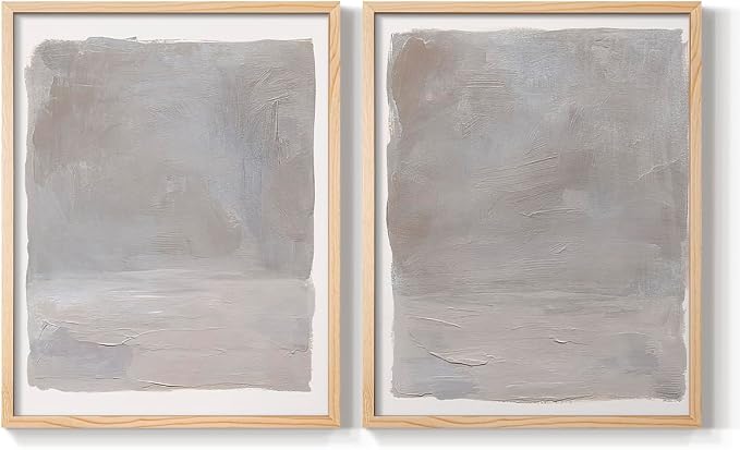 Renditions Gallery Set of 2 Peel & Stick Framed Prints, Watercolor Abstract Wall Art, Neutral Tones Textured Brushstrokes Wall Decor, Re-Stickable - Ready to Hang - 16"x20" - NATURAL WOOD Frame LT588