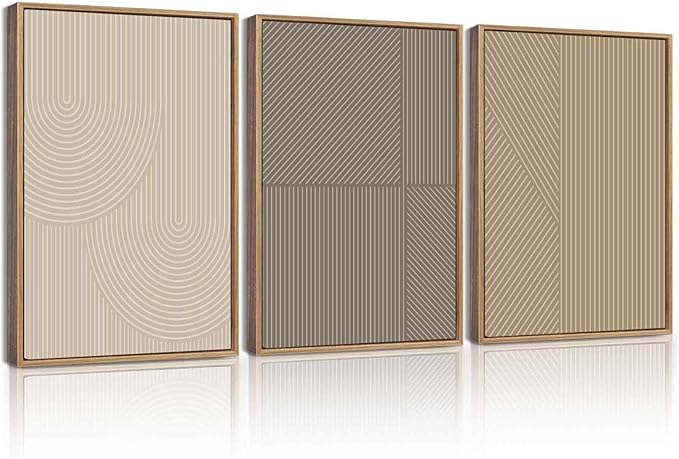 KUVIOKE Minimalist Abstract Bohemian Framed Wall Art Modern Boho Neutral Line Wall Decor Geometric Artwork Bedroom Dining Room 12x16in (Natural Framed)