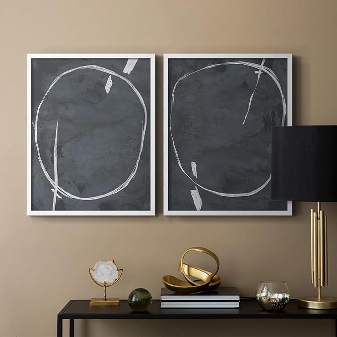 Renditions Gallery Set of 2 Peel & Stick Framed Prints, Abstract Wall Art, Circular Momentum Design Wall Decor, Re-Stickable - Ready to Hang - 22"x28" - White Frame LT588