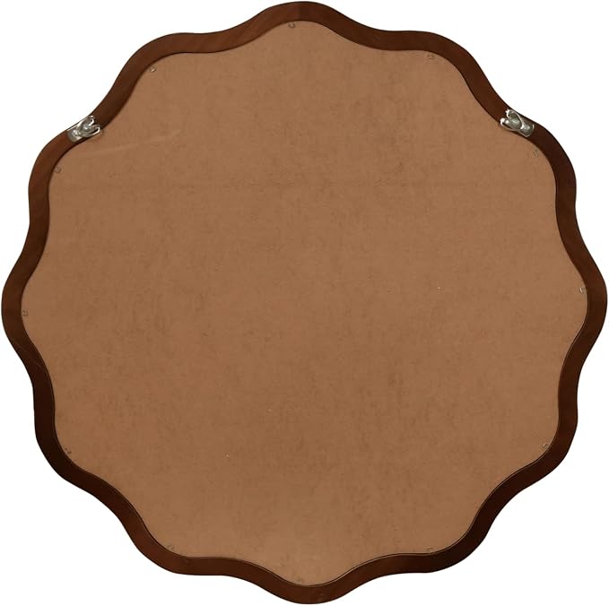 24" Wavy Round Solid Wood Frame Decorative Mirror, for Bedroom, Bathroom, Living Room, Entryway, HU26052223 (Walnut)