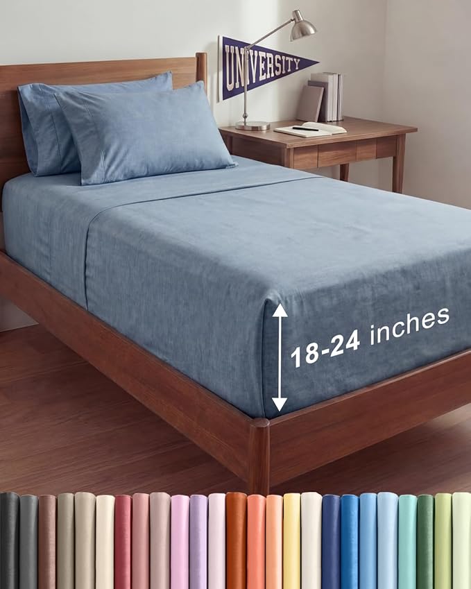 Extra Deep Twin XL Sheet Set - 4 Piece College Dorm Bed Sheets Set with Extra Deep Pockets - Ultra-Soft, Comfy & Breathable Bedding for Women, Men, Kids & Teens - Wrinkle & Fade Free - Heathered Blue