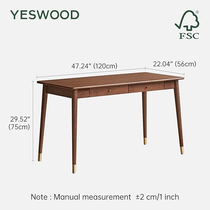 YESWOOD Solid Wood Desk, Mid Century Modern Home Office, Computer Desk with Drawers for Study Bedroom Living Room 47.24" W