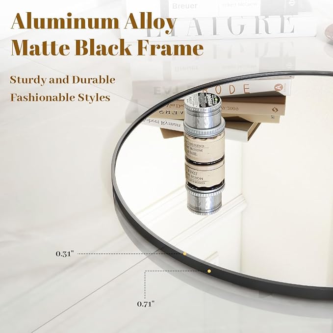 VooBang Black Round Bathroom Mirror, 20 inch Circle Wall Mounted Hanging Mirror with Simple Modern Circular Metal Frame for Hallway, Entryway, Living Room, Black Frame