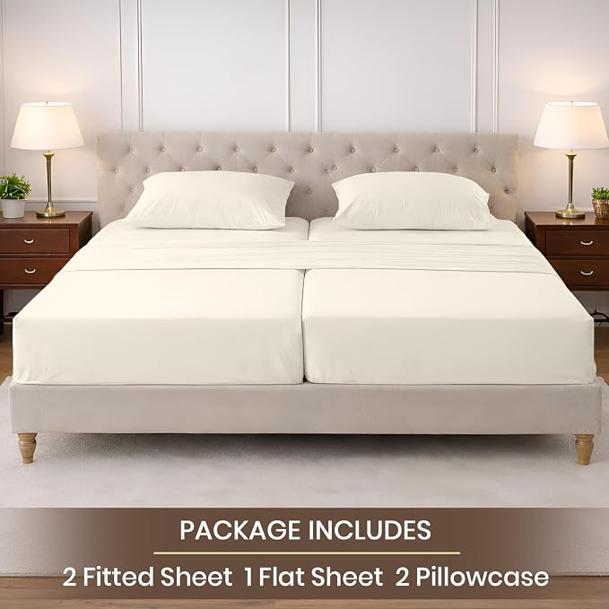 SGI Split King Sheet Set for Adjustable Bed Egyptian Premium Cotton 600 Thread Count Sheets for Sleep Number Bed 15" Deep Pocket 5 Pc Set with 2 Twin XL Fitted Sheets Soft Breathable -Ivory