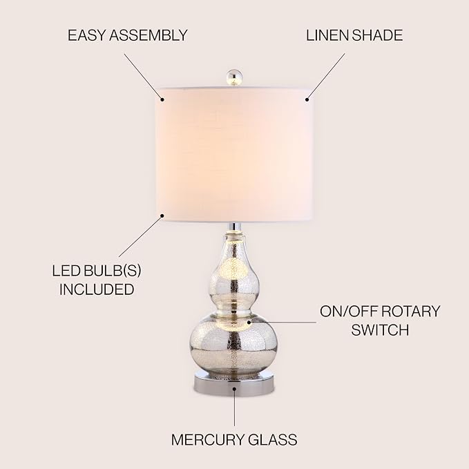 JONATHAN Y 20.5" Mercury Silver Glass Table Lamp, Modern Gourd Bedside Nightstand Lamp for Bedroom, Living Room, White Linen Shade, LED Bulb Included (JYL1028C)