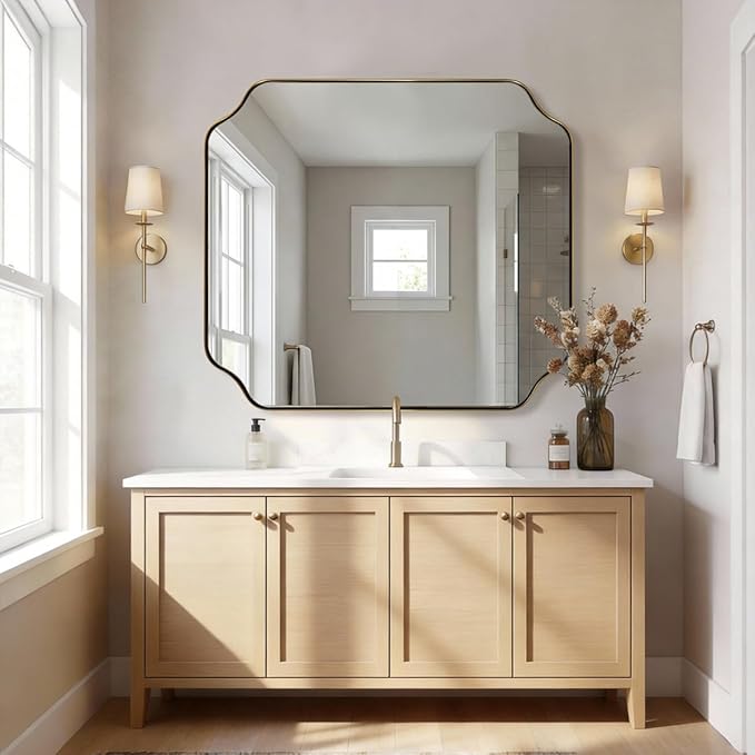 ANDY STAR 36"x40" Brass Vanity Mirror, Large Scalloped Bathroom Mirror, Brushed Gold Trim Mirror in Anti-Rust Stainless Steel Metal Frame, Irregular Shaped Mirror Ideal for Bathroom Remodel