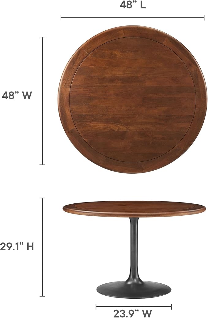 Modway Lippa 48 Inch Round Wood Dining Table with Metal Pedestal in Black Walnut - Modern Industrial Dining Table for 4 People - Solid Wood Tulip Kitchen Table