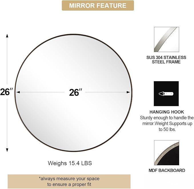 ANDY STAR Nickel Round Mirror, 26" Brushed Nickel Round Mirror, Sliver Circle Bathroom Mirrors in Stainless Steel Metal Frame 1" Deep