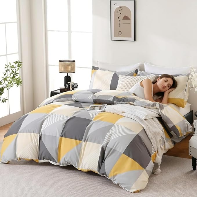 Yellow and Grey Duvet Cover Set Queen Size, 100% Natural Cotton Geometric Duvet Cover 3 Piece Soft Breathable Bedding Set for All Seasons