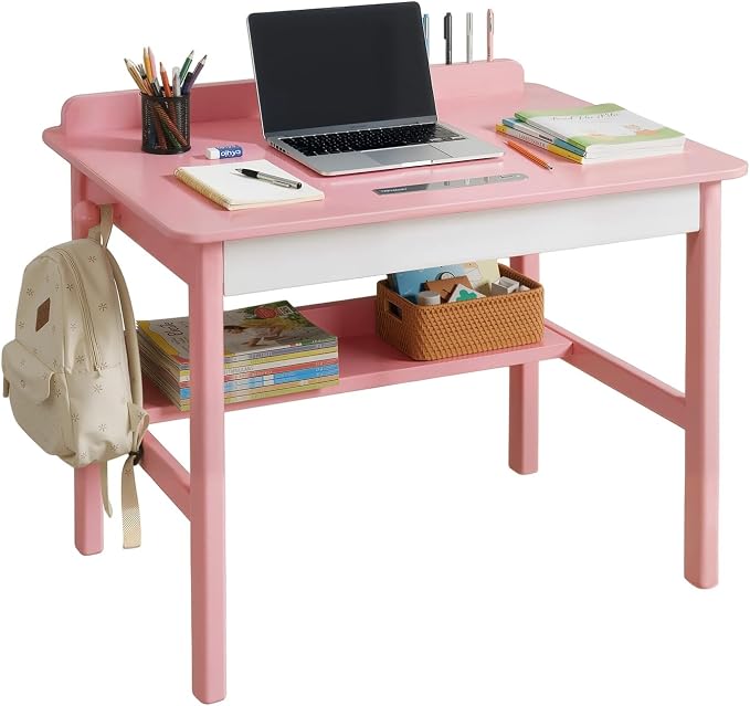 Solid Wood Study Desk & Home Office Writing Table with Drawers, 31" Vintage Mid Century Modern Computer Desk, Home Office Workstation for Bedroom, Small Spaces, Apartment(Pink,31.5 Inch Wide)