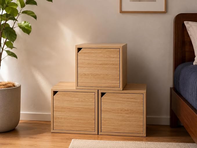 Modular Storage Cube with Door, 11.8" x 11.8" [30 x 30 x 30cm] Multipurpose Wooden Bookshelf and Closet Organizer, Stackable Shelving Unit with Optional Removable Interior Shelf (1, Woodgrain)