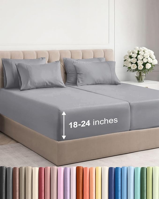 Extra Deep Split King Sheet Set - 7 Piece Breathable and Cooling Sheets - Hotel Luxury Bedding for Women, Men, Kids & Teens - Easy Secure Fit - Soft & Wrinkle Free - Extra Deep Pockets - Steel Blue