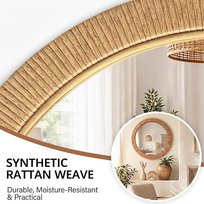 24"x24" inch Large Round Rattan Mirror for Wall, Boho Decorative Wicker Mirror Waterproof Synthetic Rattan Frame, for Bathroom, Bedroom, Living Room, Entryway