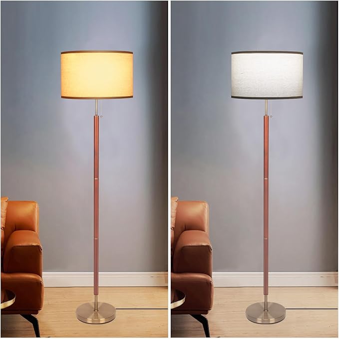HonoDing Mid-Century Modern Floor Lamp, Walnut Wood Finish, Drum Shade, Living Room Décor (64in, E26 LED)